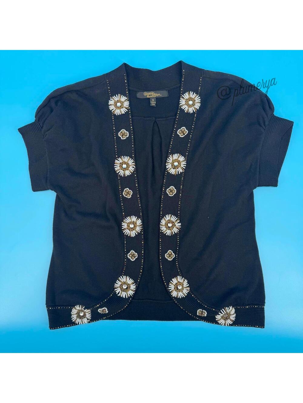 Christine Phillipe Vintage Women's Black Beaded 100% Cotton Cardigan Size S